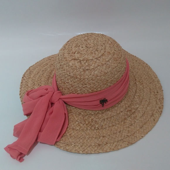 Sun N Sand Accessories - Sun N Sand Raffia Floppy Hat With Pink Chiffon